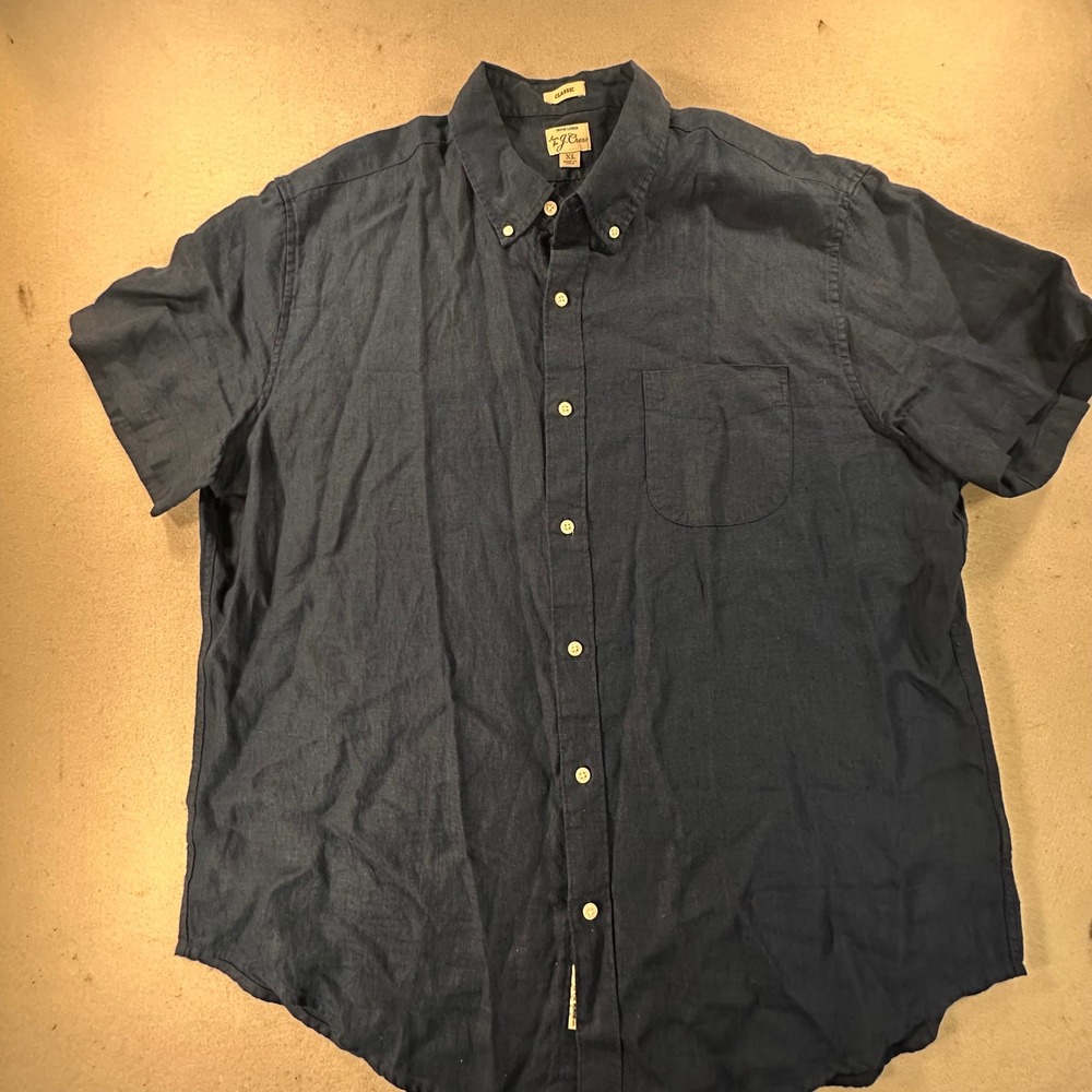 J.Crew Mens Baird McNutt Irish Linen Short Sleeve Shirt Navy Blue XL K9270